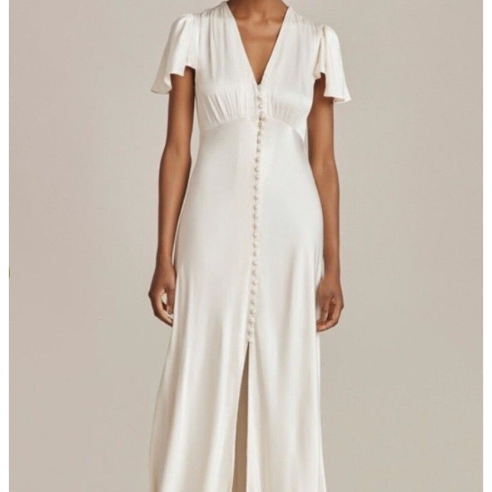 Ghost London Grace Dress Womens XS Ivory Satin Button Front Flutter Sleeve Maxi